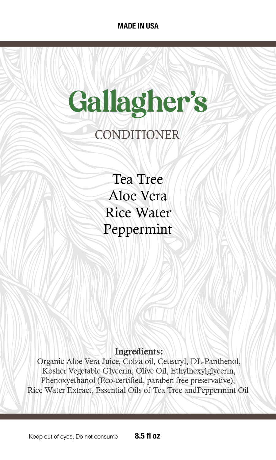 Gallagher's Conditioner  |  Tea Tree + Peppermint Scented Natural Ingredients  |  NO Sulfates, Parabens or Cancer Causing Chemicals